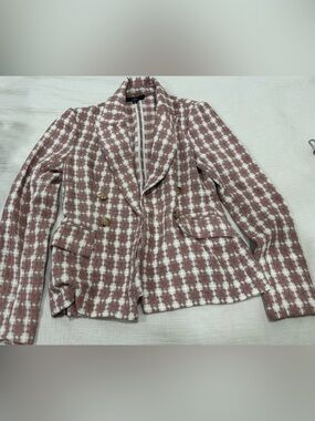 Lulus XS Mauve Ivory Plaid Tweed Double Breasted Blazer Gold Buttons